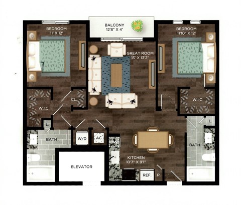 Floor plan for 2 beds, 2 baths, 1105 sqft
